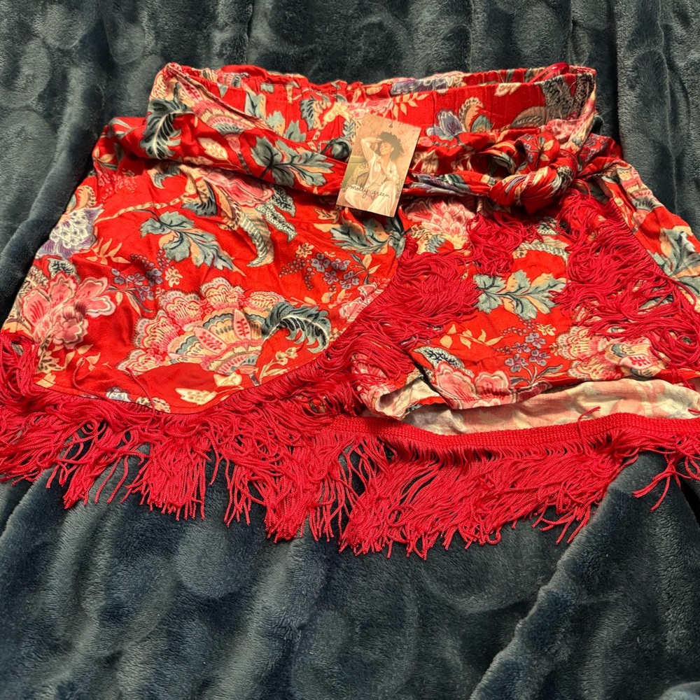 Molly Green Floral Red Gale Fringe Mini Shorts wraparound skirt ties on side L